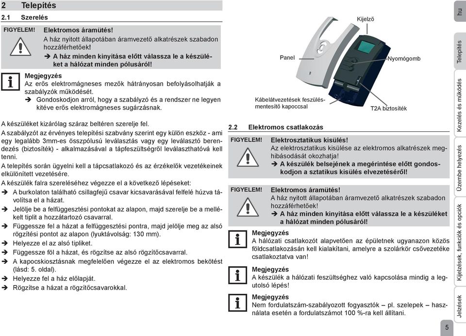 Gondoskodjon arról, hogy a szabályzó és a rendszer ne legyen kitéve erős elektromágneses sugárzásnak. A készüléket kizárólag száraz beltéren szerelje fel.