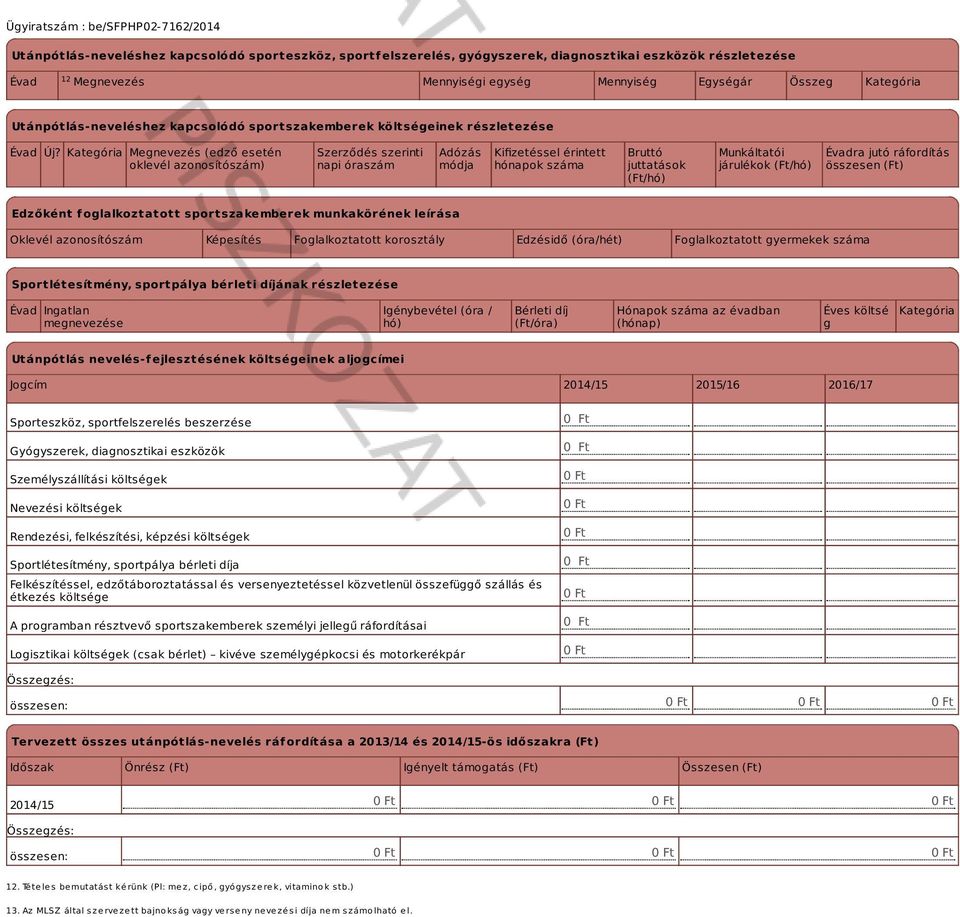 Kategória Megnevezés (edző esetén oklevél azonosítószám) Szerződés szerinti napi óraszám Adózás módja Kifizetéssel érintett hónapok száma Bruttó juttatások (Ft/hó) Munkáltatói járulékok (Ft/hó)