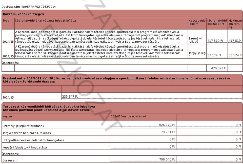 teljesítésével, valamint a felhasznált támogatás elszámolásával kapcsolatban tanácsadási szolgáltatást nyújt a Sportszervezet részére.