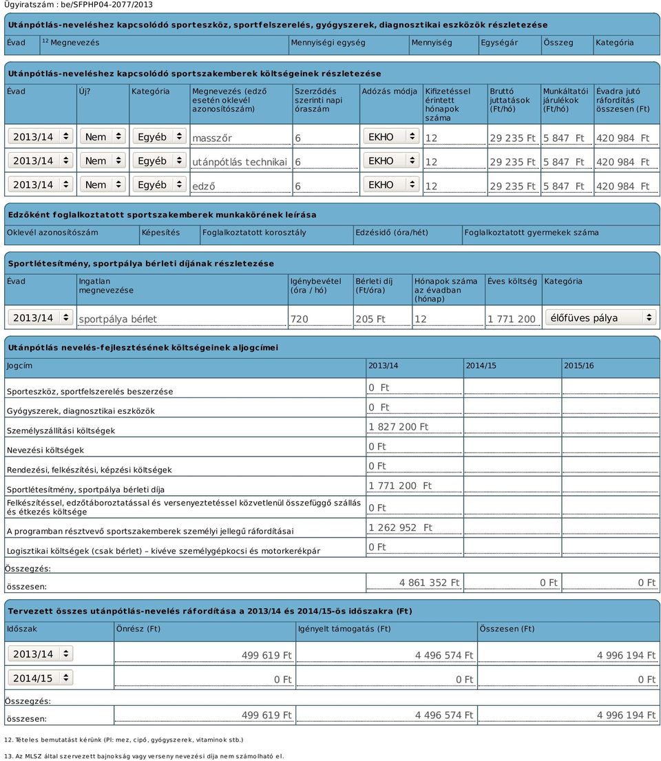 Kategória Megnevezés (edző esetén oklevél azonosítószám) Szerződés szerinti napi óraszám Adózás módja Kifizetéssel érintett hónapok száma Bruttó juttatások (Ft/hó) Munkáltatói járulékok (Ft/hó)