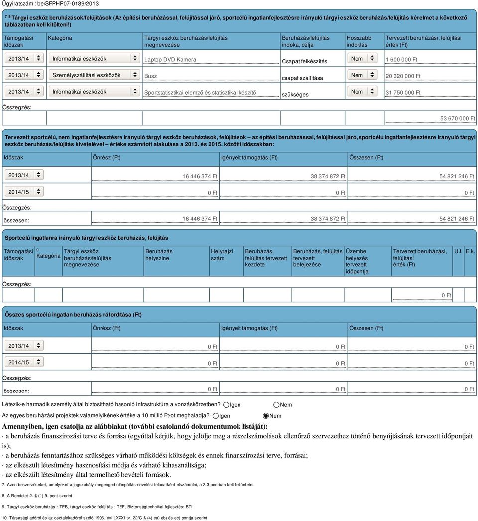 ) Támogatási időszak Kategória Tárgyi eszköz beruházás/felújítás megnevezése Beruházás/felújítás indoka, célja Hosszabb indoklás Tervezett beruházási, felújítási érték (Ft) Informatikai eszközök