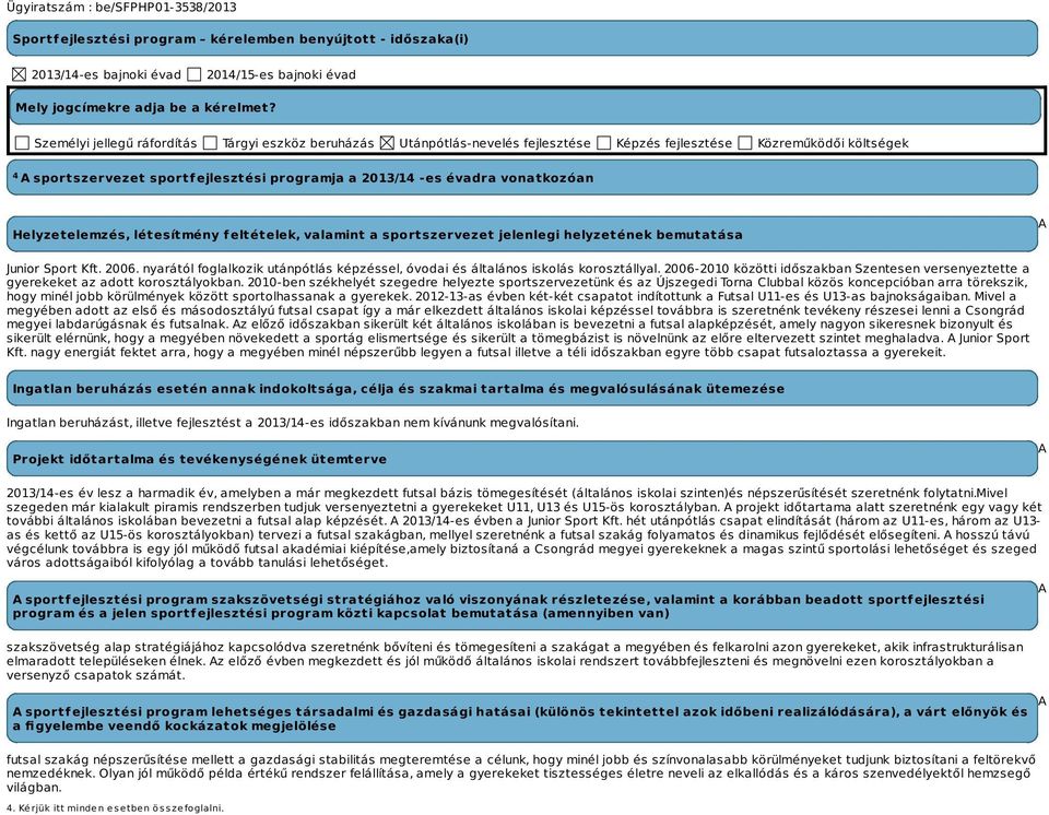 vonatkozóan Helyzetelemzés, létesítmény feltételek, valamint a sportszervezet jelenlegi helyzetének bemutatása A Junior Sport Kft. 2006.