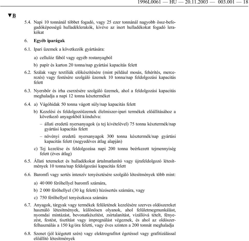 tonna/nap gyártási kapacitás felett 6.2. Szálak vagy textíliák előkészítésére (mint például mosás, fehérítés, mercerezés) vagy festésére szolgáló üzemek 10 tonna/nap feldolgozási kapacitás felett 6.3.