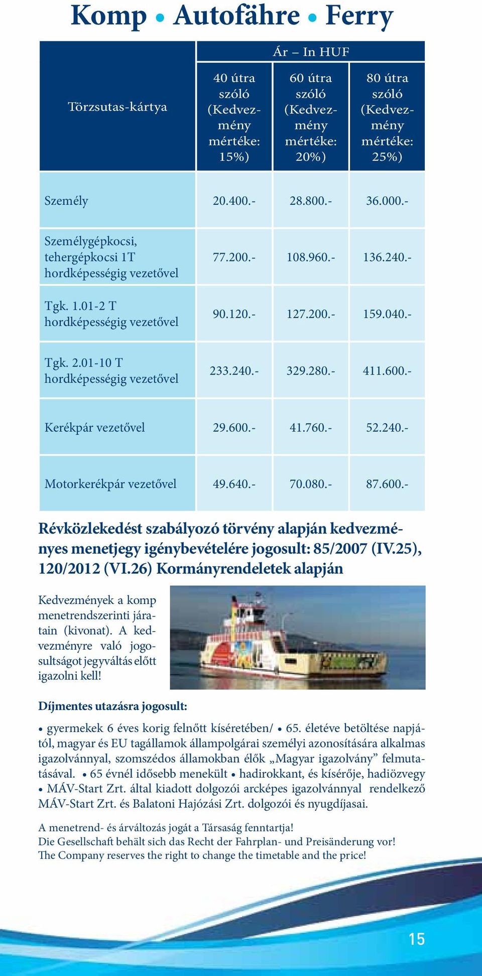 01-10 T hordképességig vezetővel 233.240.- 329.280.- 411.600.- Kerékpár vezetővel 29.600.- 41.760.- 52.240.- Motorkerékpár vezetővel 49.640.- 70.080.- 87.600.- Révközlekedést szabályozó törvény alapján kedvezményes menetjegy igénybevételére jogosult: 85/2007 (IV.