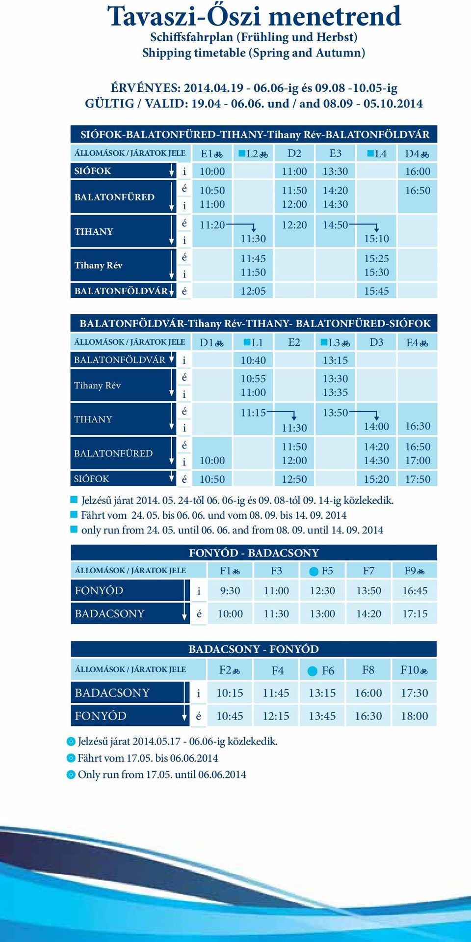 2014 SIÓFOK-BALATONFÜRED-TIHANY-Tihany Rév-BALATONFÖLDVÁR Állomások / Járatok jele E1b L2b D2 E3 L4 D4b SIÓFOK i 10:00 11:00 13:30 16:00 BALATONFÜRED é 10:50 11:50 14:20 16:50 i 11:00 12:00 14:30