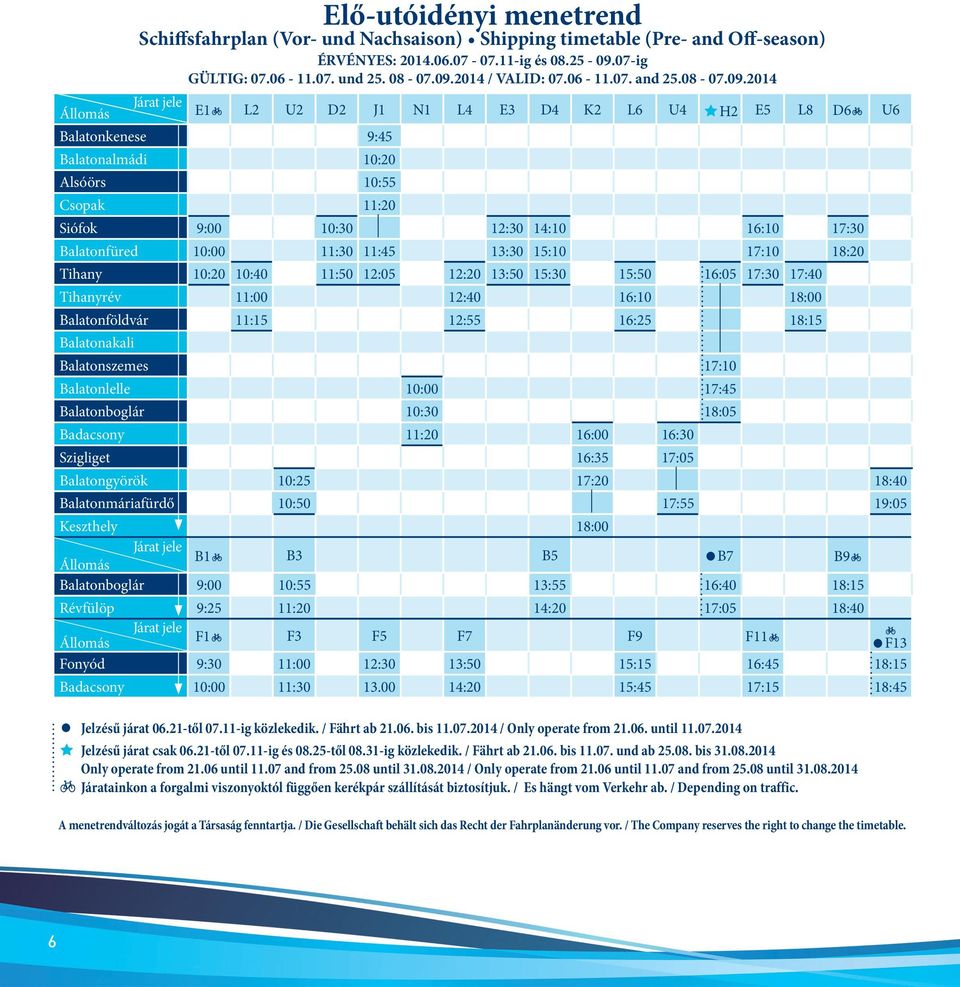 2014 Járat jele Állomás E1b L2 U2 D2 J1 N1 L4 E3 D4 K2 L6 U4 H2 E5 L8 D6b U6 Balatonkenese 9:45 Balatonalmádi 10:20 Alsóörs 10:55 Csopak 11:20 Siófok 9:00 10:30 12:30 14:10 16:10 17:30 Balatonfüred
