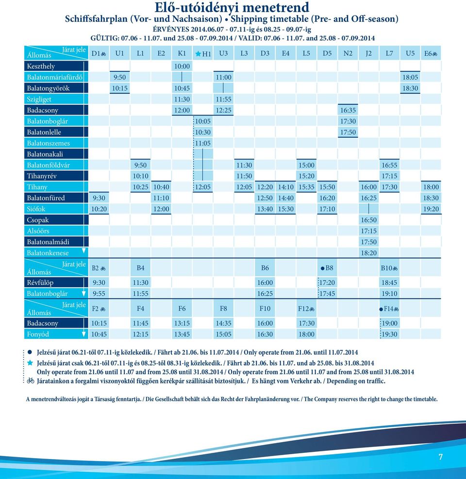 2014 Járat jele Állomás D1b U1 L1 E2 K1 H1 U3 L3 D3 E4 L5 D5 N2 J2 L7 U5 E6b Keszthely 10:00 Balatonmáriafürdő 9:50 11:00 18:05 Balatongyörök 10:15 10:45 18:30 Szigliget 11:30 11:55 Badacsony 12:00