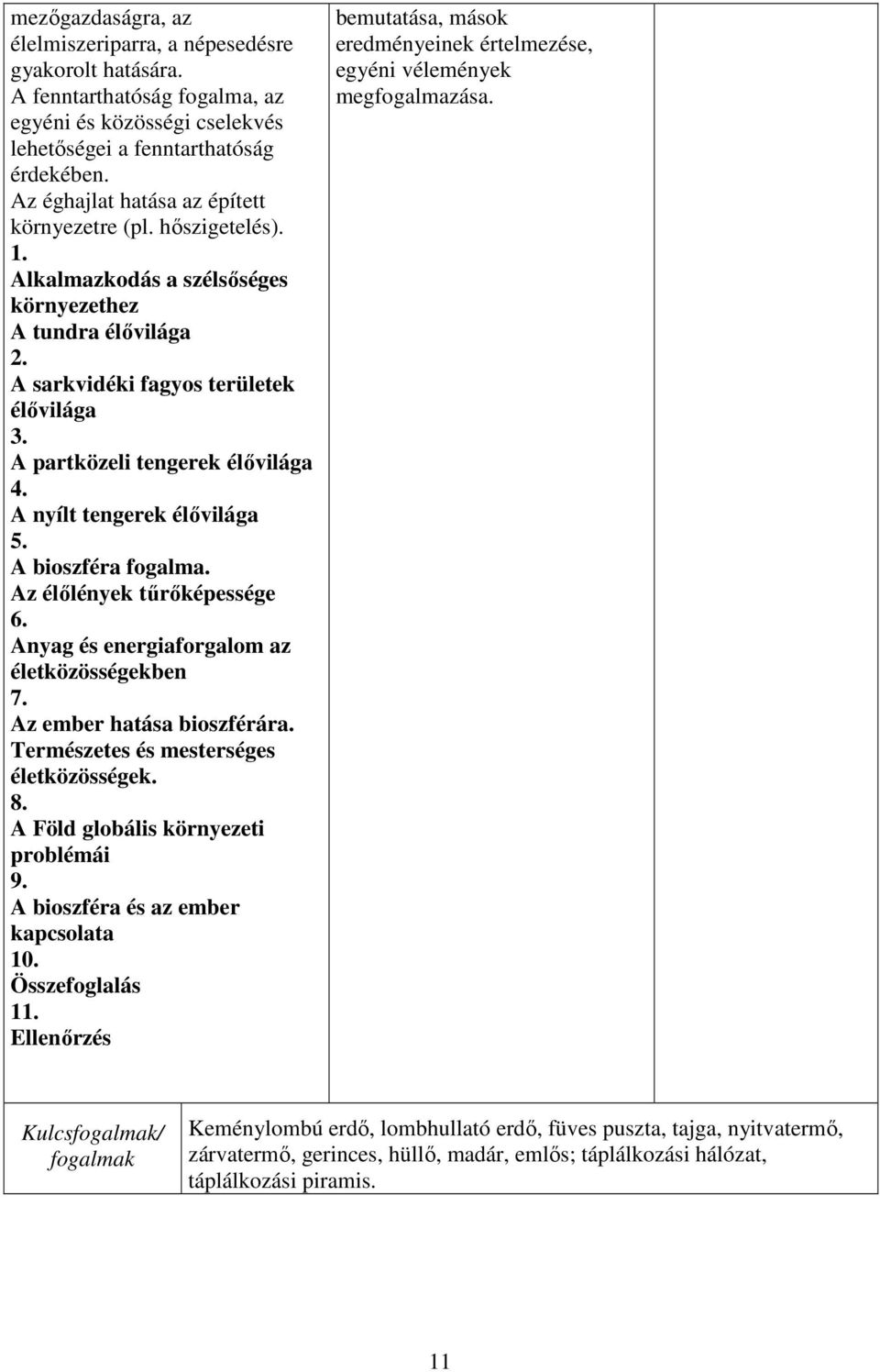 A partközeli tengerek élővilága 4. A nyílt tengerek élővilága 5. A bioszféra fogalma. Az élőlények tűrőképessége 6. Anyag és energiaforgalom az életközösségekben 7. Az ember hatása bioszférára.