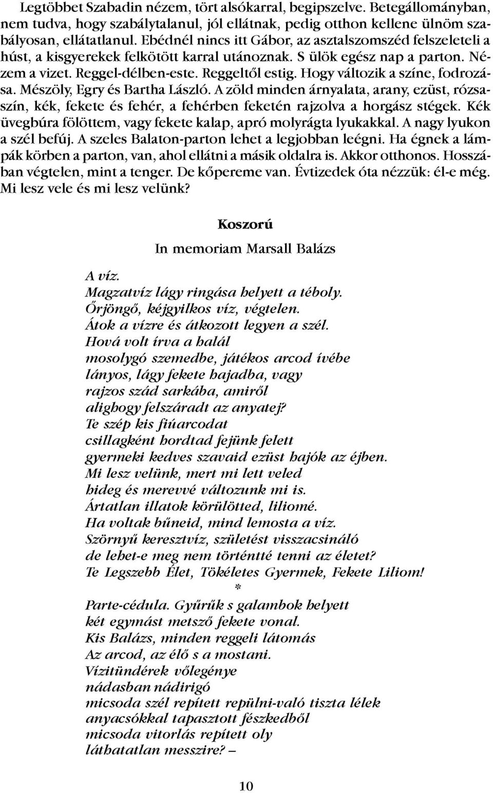 Hogy változik a színe, fodrozása. Mészöly, Egry és Bartha László. A zöld minden árnyalata, arany, ezüst, rózsaszín, kék, fekete és fehér, a fehérben feketén rajzolva a horgász stégek.