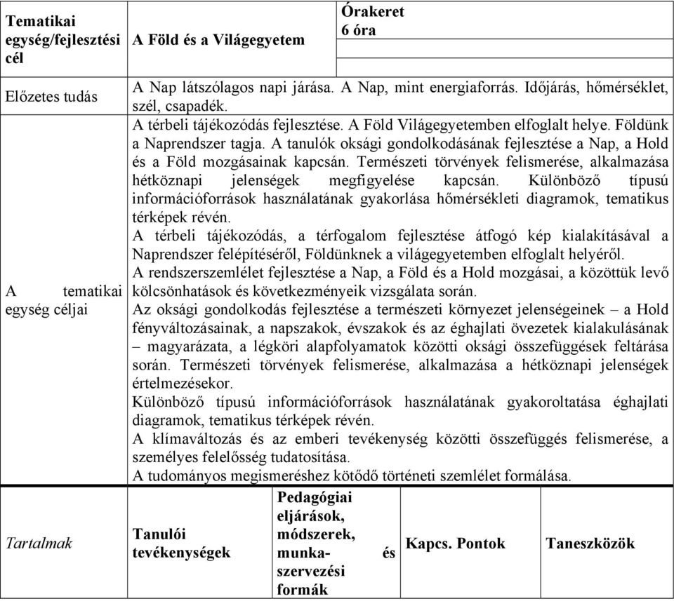 A tanulók oksági gondolkodásának fejleszte a Nap, a Hold a Föld mozgásainak kapcsán. Termzeti törvények felismere, alkalmazása hétköznapi jelenségek megfigyele kapcsán.