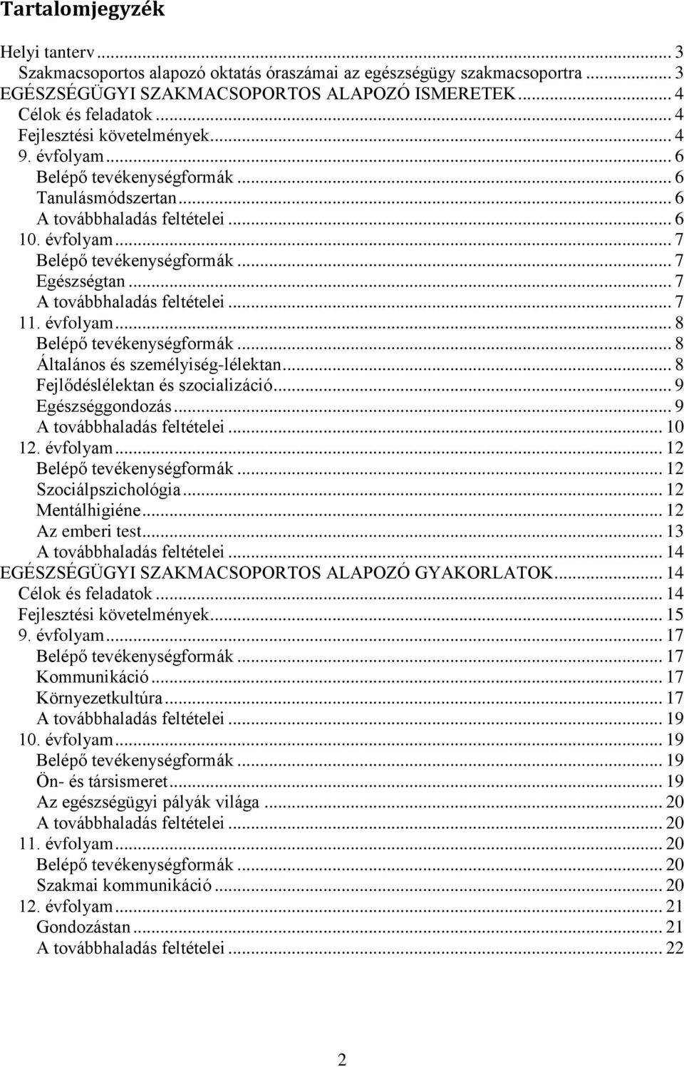 .. 7 A továbbhaladás feltételei... 7 11. évfolyam... 8 Belépő tevékenységformák... 8 Általános és személyiség-lélektan... 8 Fejlődéslélektan és szocializáció... 9 Egészséggondozás.