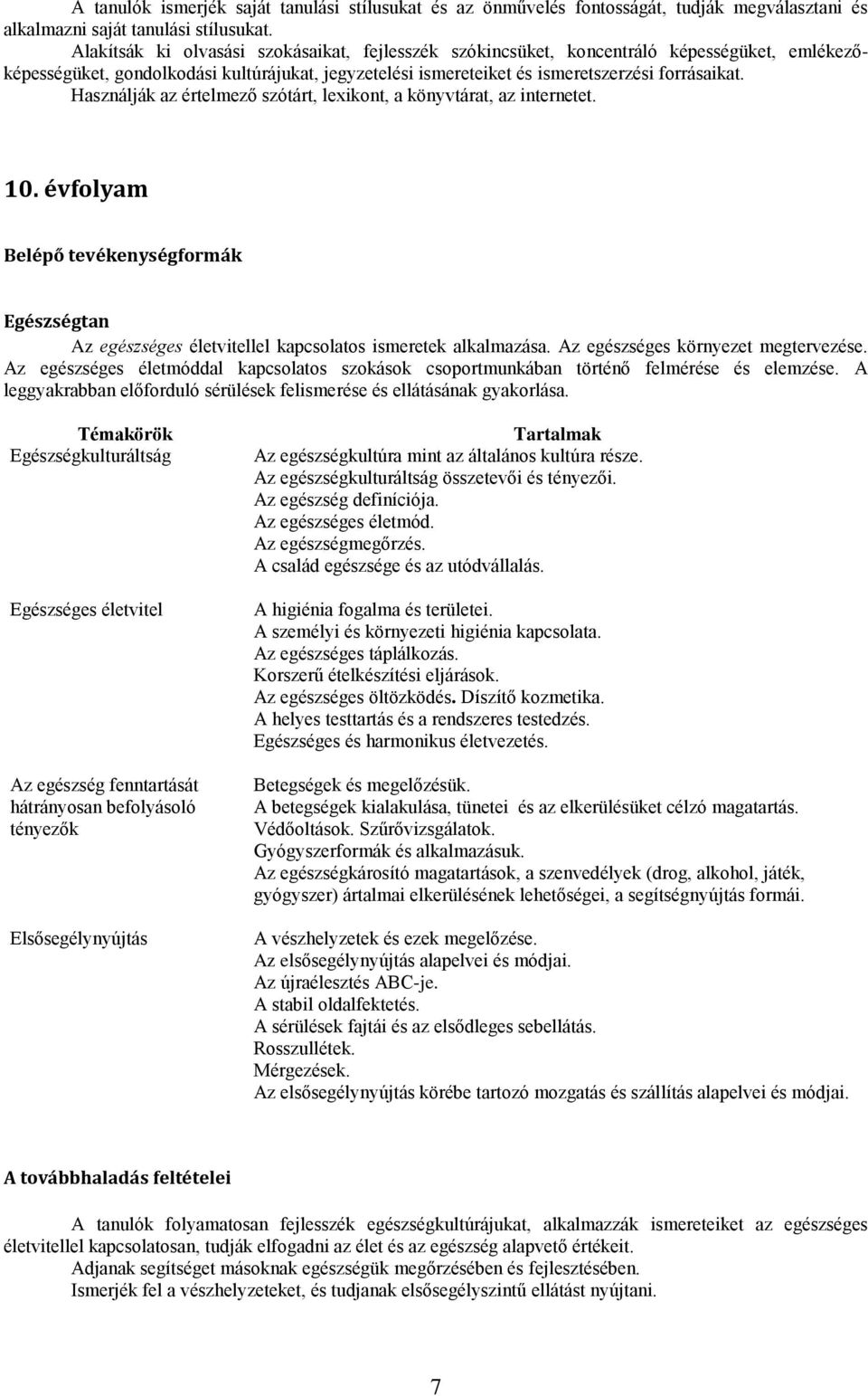 Használják az értelmező szótárt, lexikont, a könyvtárat, az internetet. 10. évfolyam Belépő tevékenységformák Egészségtan Az egészséges életvitellel kapcsolatos ismeretek alkalmazása.