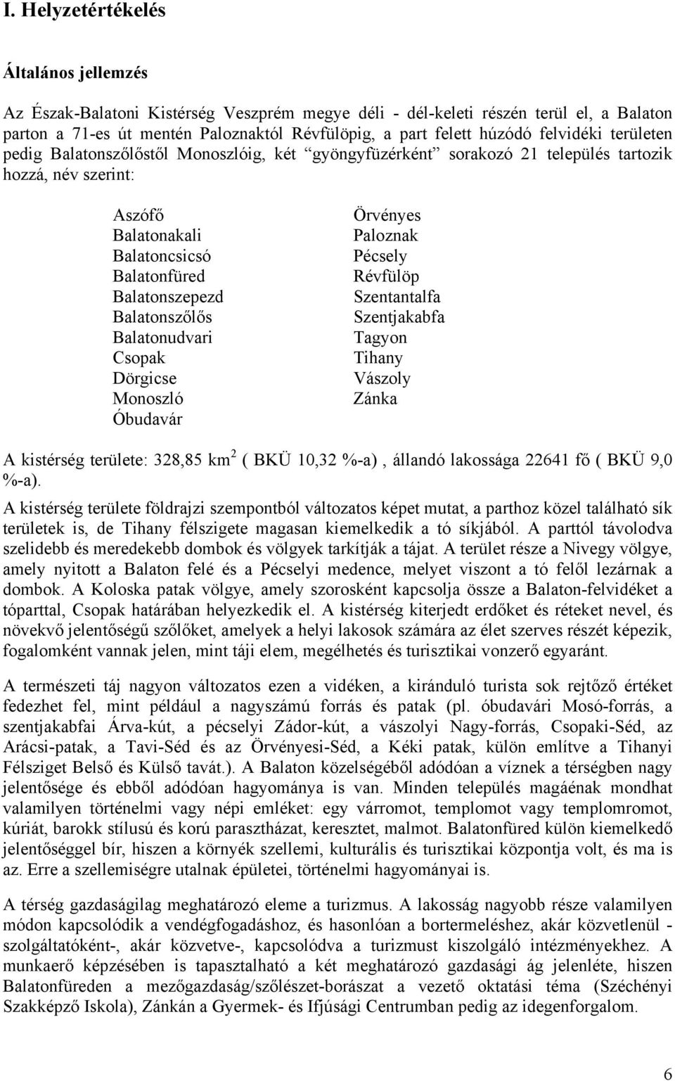 Balatonszőlős Balatonudvari Csopak Dörgicse Monoszló Óbudavár Örvényes Paloznak Pécsely Révfülöp Szentantalfa Szentjakabfa Tagyon Tihany Vászoly Zánka A kistérség területe: 328,85 km 2 ( BKÜ 10,32