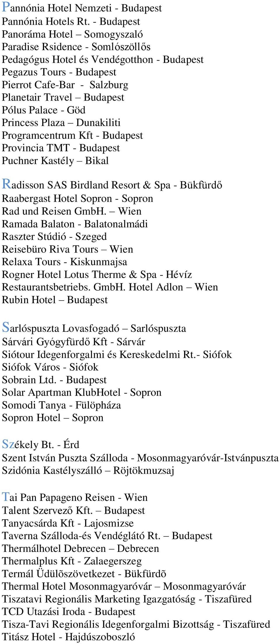 Palace - Göd Princess Plaza Dunakiliti Programcentrum Kft - Budapest Provincia TMT - Budapest Puchner Kastély Bikal Radisson SAS Birdland Resort & Spa - Bükfürdő Raabergast Hotel Sopron - Sopron Rad