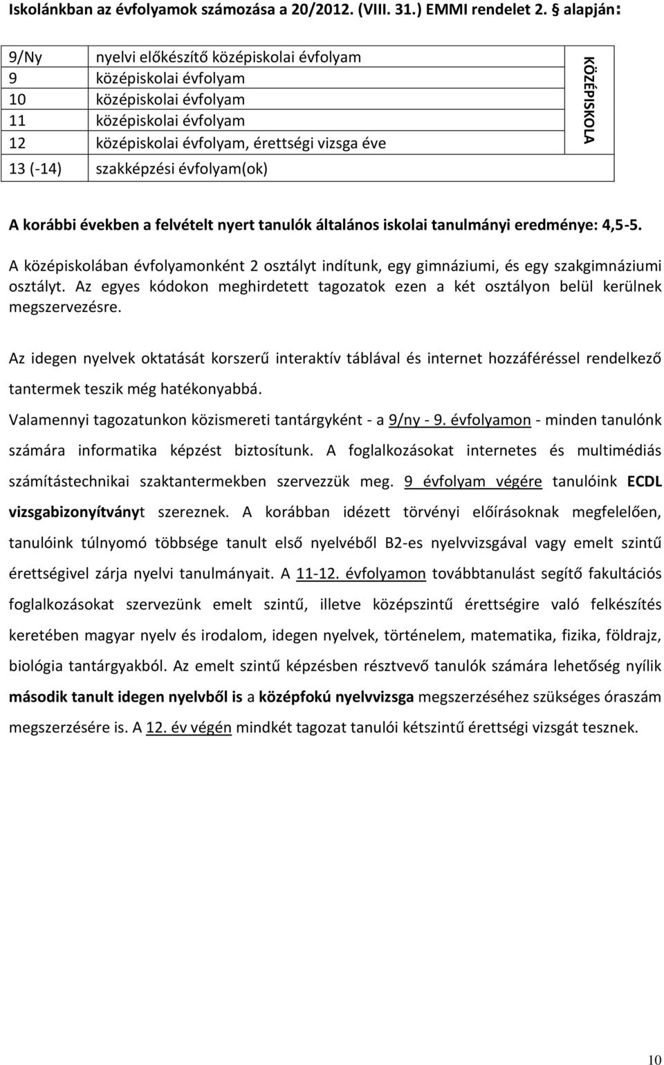 évfolyam(ok) A korábbi években a felvételt nyert tanulók általános iskolai tanulmányi eredménye: 4,5-5.