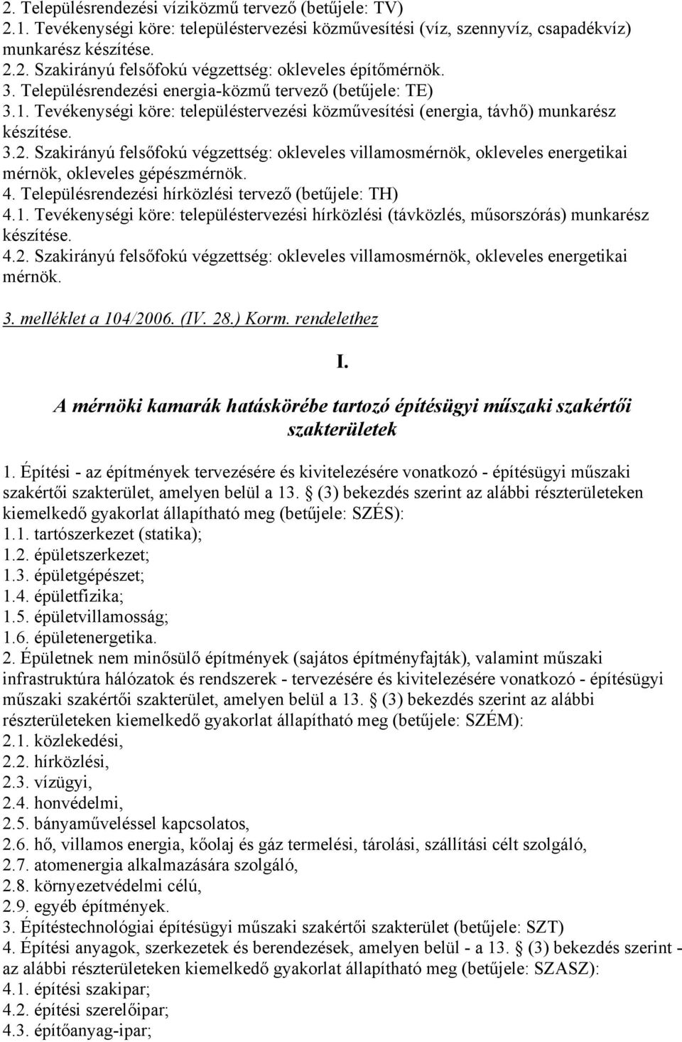 Szakirányú felsőfokú végzettség: okleveles villamosmérnök, okleveles energetikai mérnök, okleveles gépészmérnök. 4. Településrendezési hírközlési tervező (betűjele: TH) 4.1.