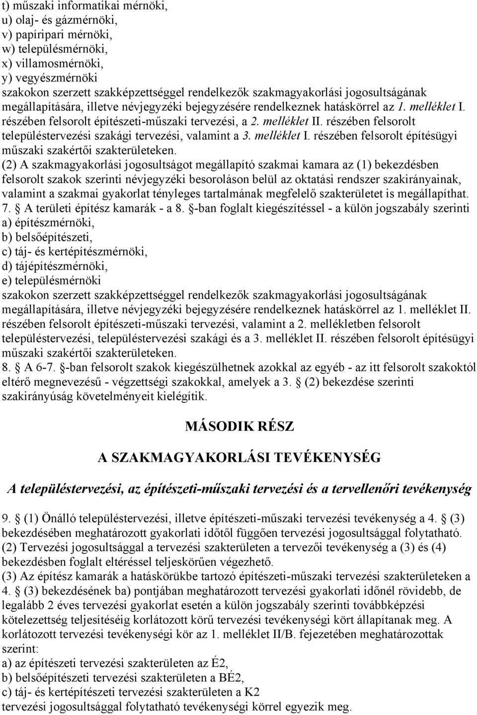 részében felsorolt településtervezési szakági tervezési, valamint a 3. melléklet I. részében felsorolt építésügyi műszaki szakértői szakterületeken.