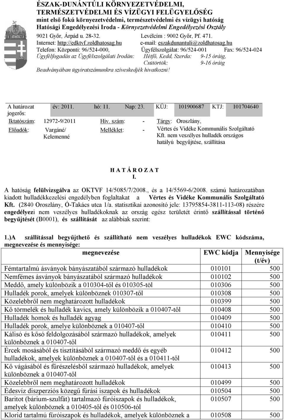 hu Telefon: Központi: 96/524-000, Ügyfélszolgálat: 96/524-001 Fax: 96/524-024 Ügyfélfogadás az Ügyfélszolgálati Irodán: Hétfő, Kedd, Szerda: 9-15 óráig, Csütörtök: 9-16 óráig Beadványában