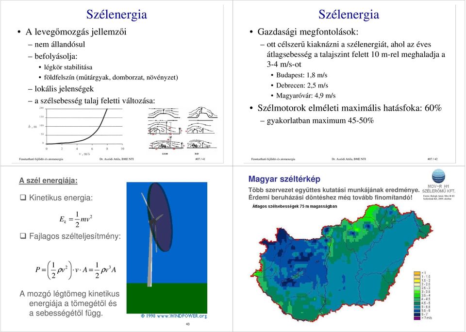 Magyaróvár: 4,9 m/s Szélmotorok elméleti maximális hatásfoka: 60% gyakorlatban maximum 45-50% Dr. Aszódi Attila, BME NTI #07 / 41 Dr.