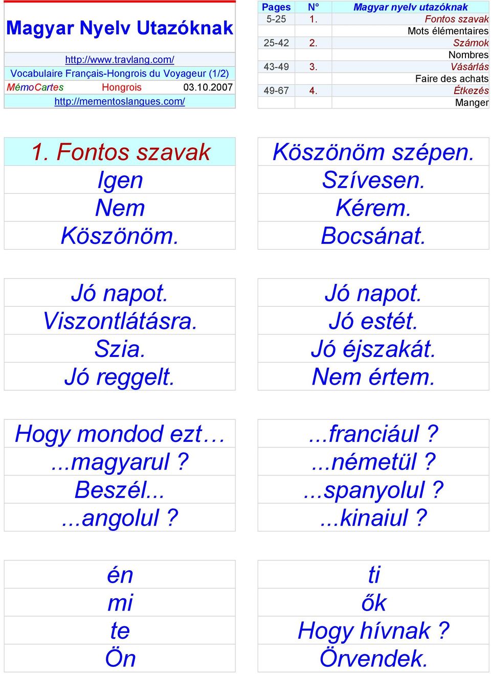 én mi te Ön Pages N Magyar nyelv utazóknak 5-25 1. Fontos szavak Mots élémentaires 25-42 2. Számok Nombres 43-49 3. Vásárlás Faire des achats 49-67 4.