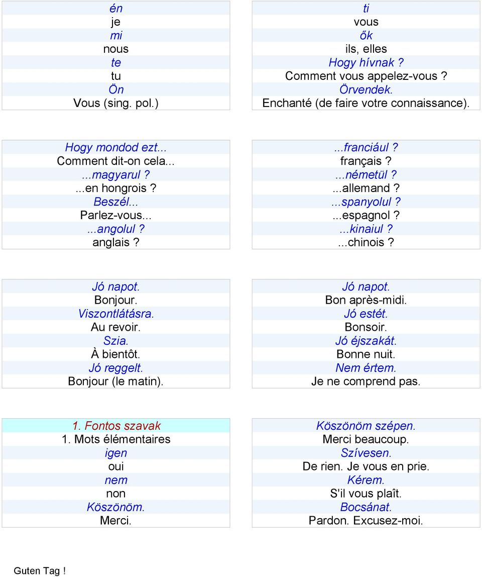 Viszontlátásra. Au revoir. Szia. À bientôt. Jó reggelt. Bonjour (le matin). Jó napot. Bon après-midi. Jó estét. Bonsoir. Jó éjszakát. Bonne nuit. Nem értem. Je ne comprend pas. 1. Fontos szavak 1.