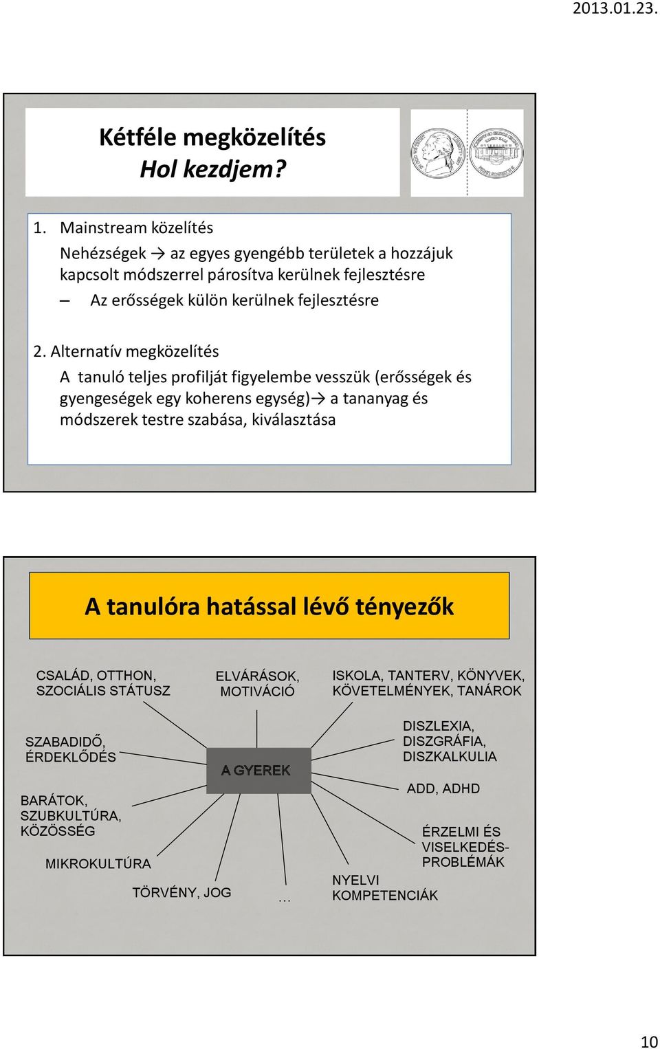 Alternatív megközelítés A tanuló teljes profilját figyelembe vesszük (erősségek és gyengeségek egy koherens egység) a tananyag és módszerek testre szabása, kiválasztása A