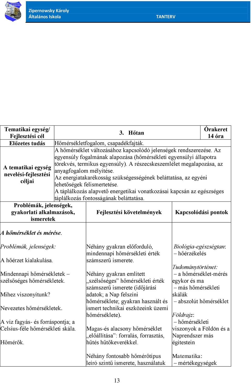 Az egyensúly fogalmának alapozása (hőmérsékleti egyensúlyi állapotra törekvés, termikus egyensúly). A részecskeszemlélet megalapozása, az anyagfogalom mélyítése.