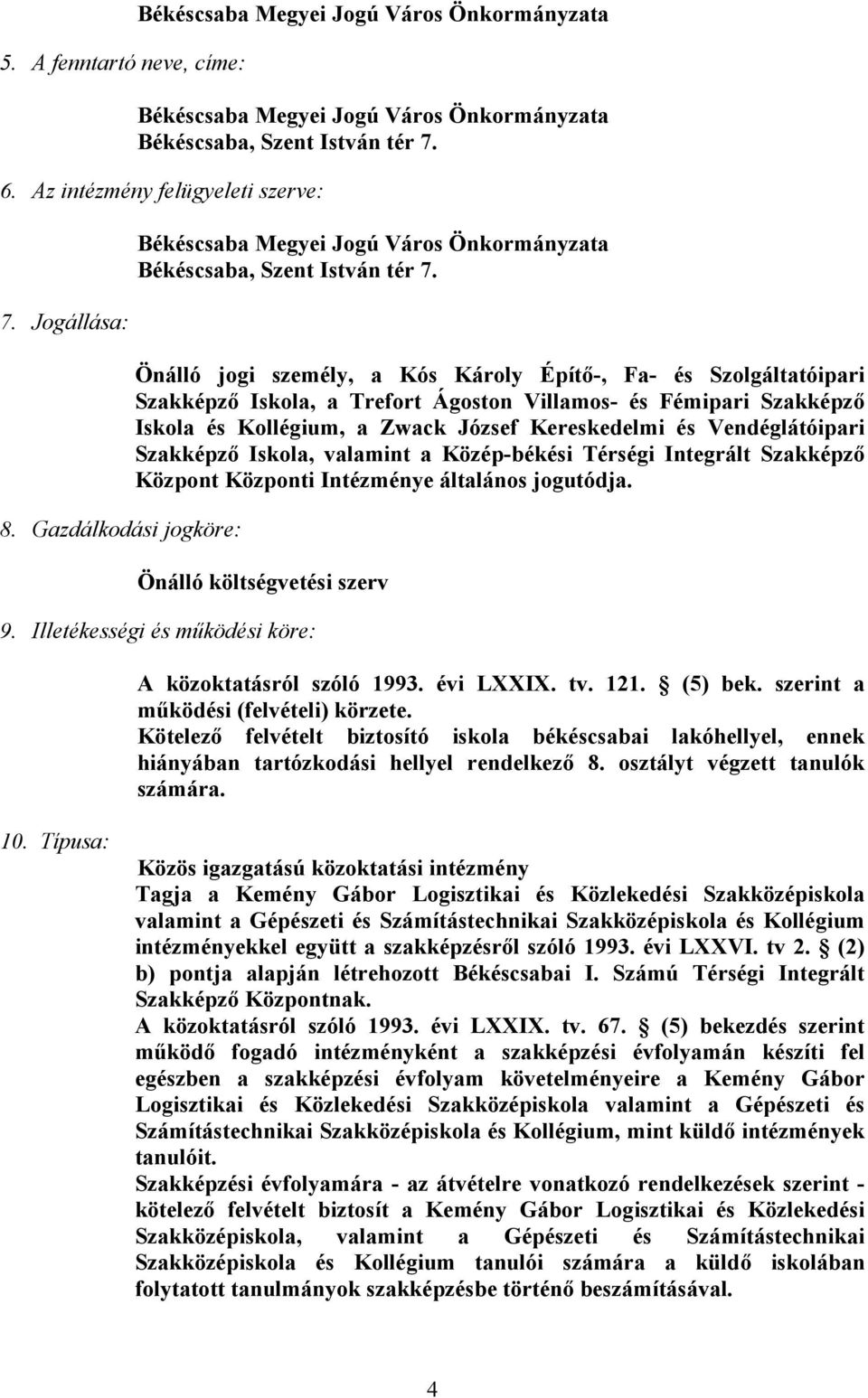 Önálló jogi személy, a Kós Károly Építő-, Fa- és Szolgáltatóipari Szakképző Iskola, a Trefort Ágoston Villamos- és Fémipari Szakképző Iskola és Kollégium, a Zwack József Kereskedelmi és