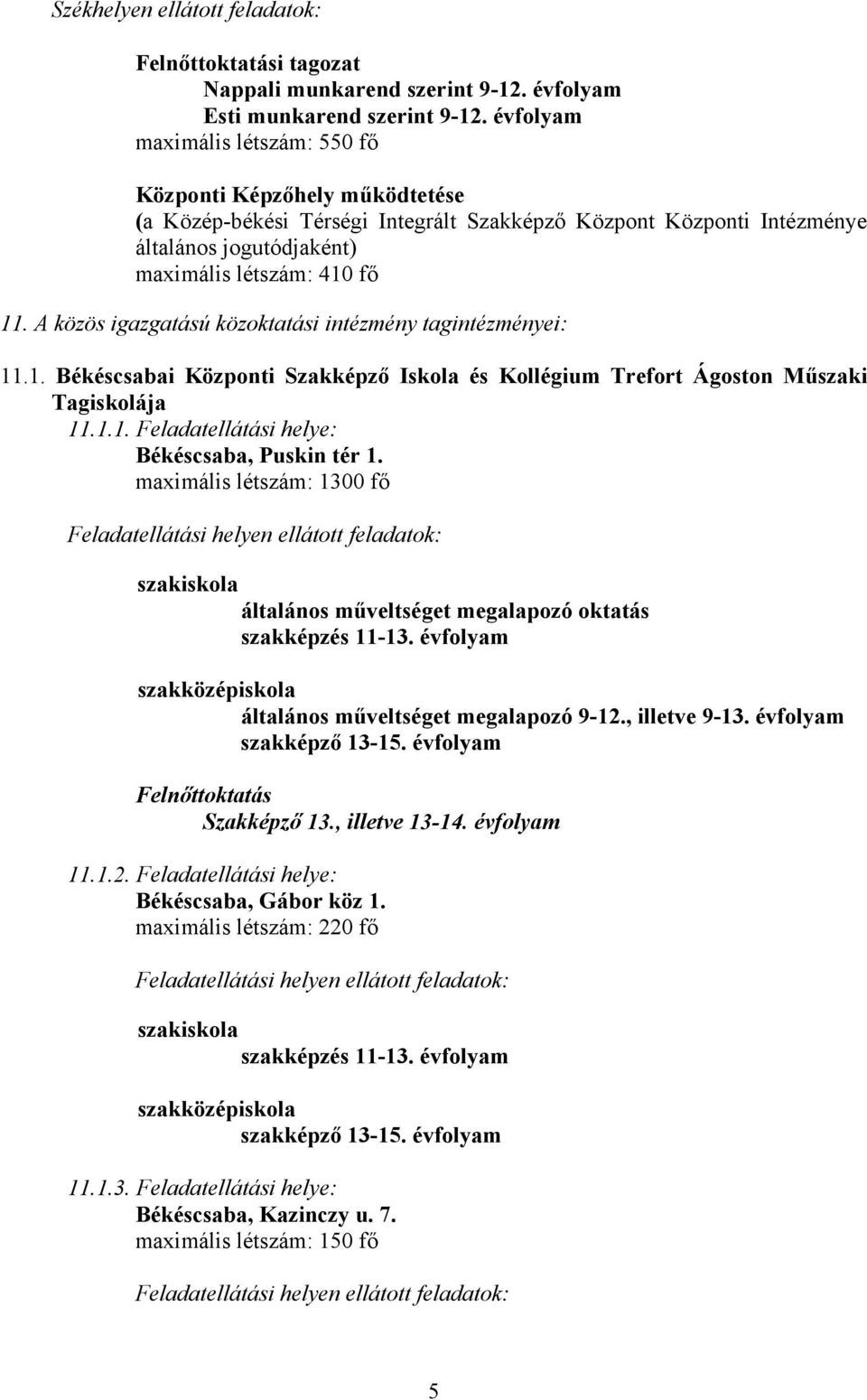 A közös igazgatású közoktatási intézmény tagintézményei: 11.1. Békéscsabai Központi Szakképző Iskola és Kollégium Trefort Ágoston Műszaki Tagiskolája 11.1.1. Feladatellátási helye: Békéscsaba, Puskin tér 1.