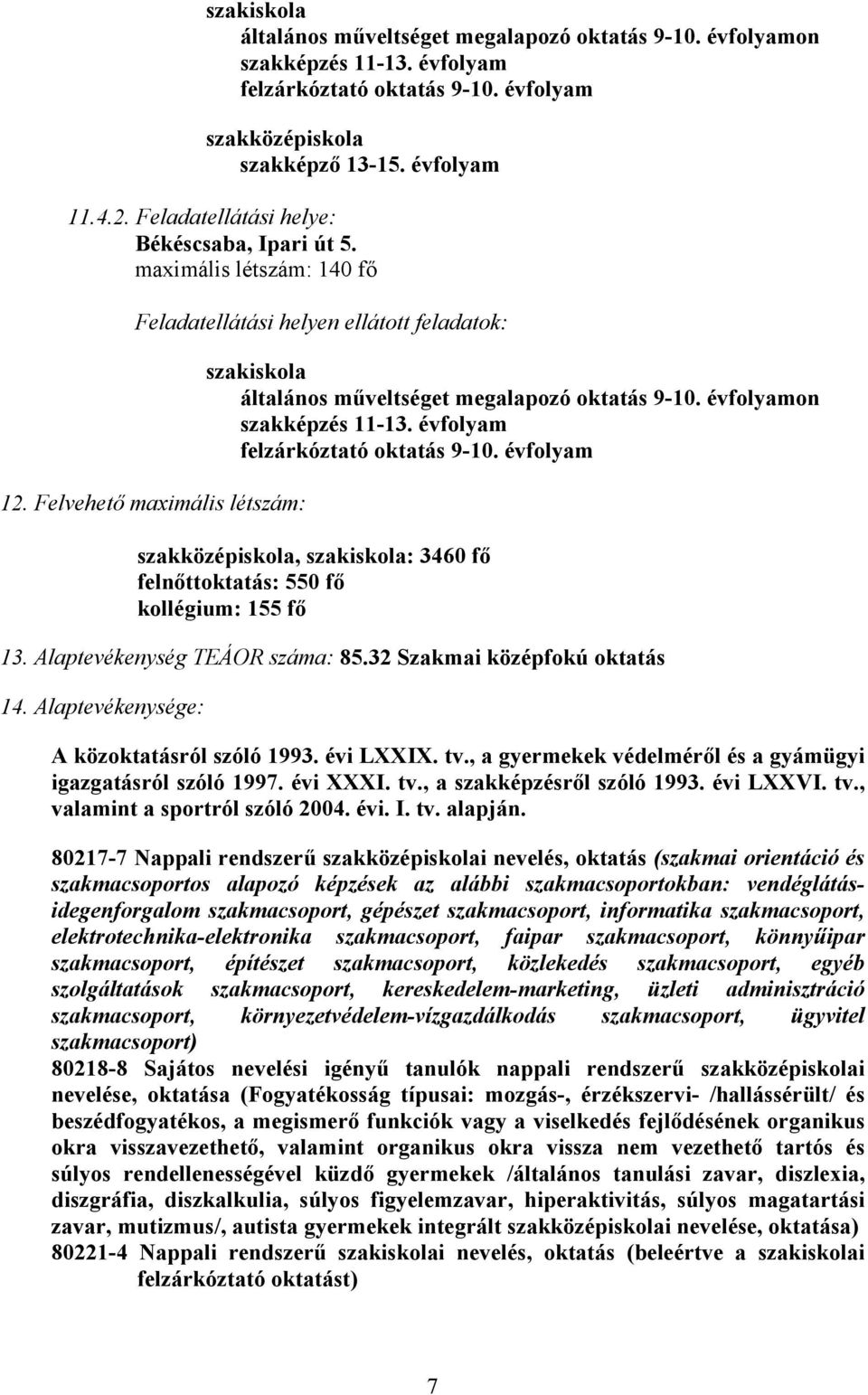 Felvehető maximális létszám: szakiskola általános műveltséget megalapozó oktatás 9-10. évfolyamon szakképzés 11-13. évfolyam felzárkóztató oktatás 9-10.