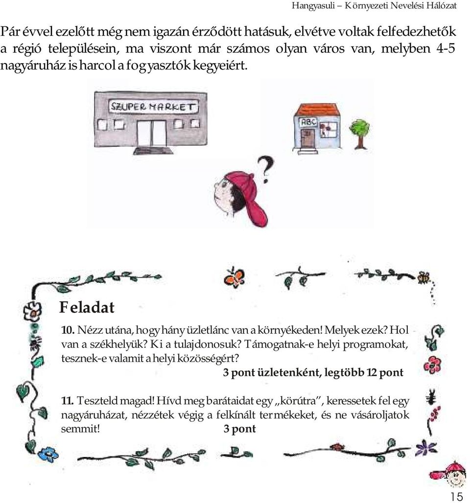 Hol van a székhelyük? Ki a tulajdonosuk? Támogatnak-e helyi programokat, tesznek-e valamit a helyi közösségért? 3 pont üzletenként, legtöbb 12 pont 11.