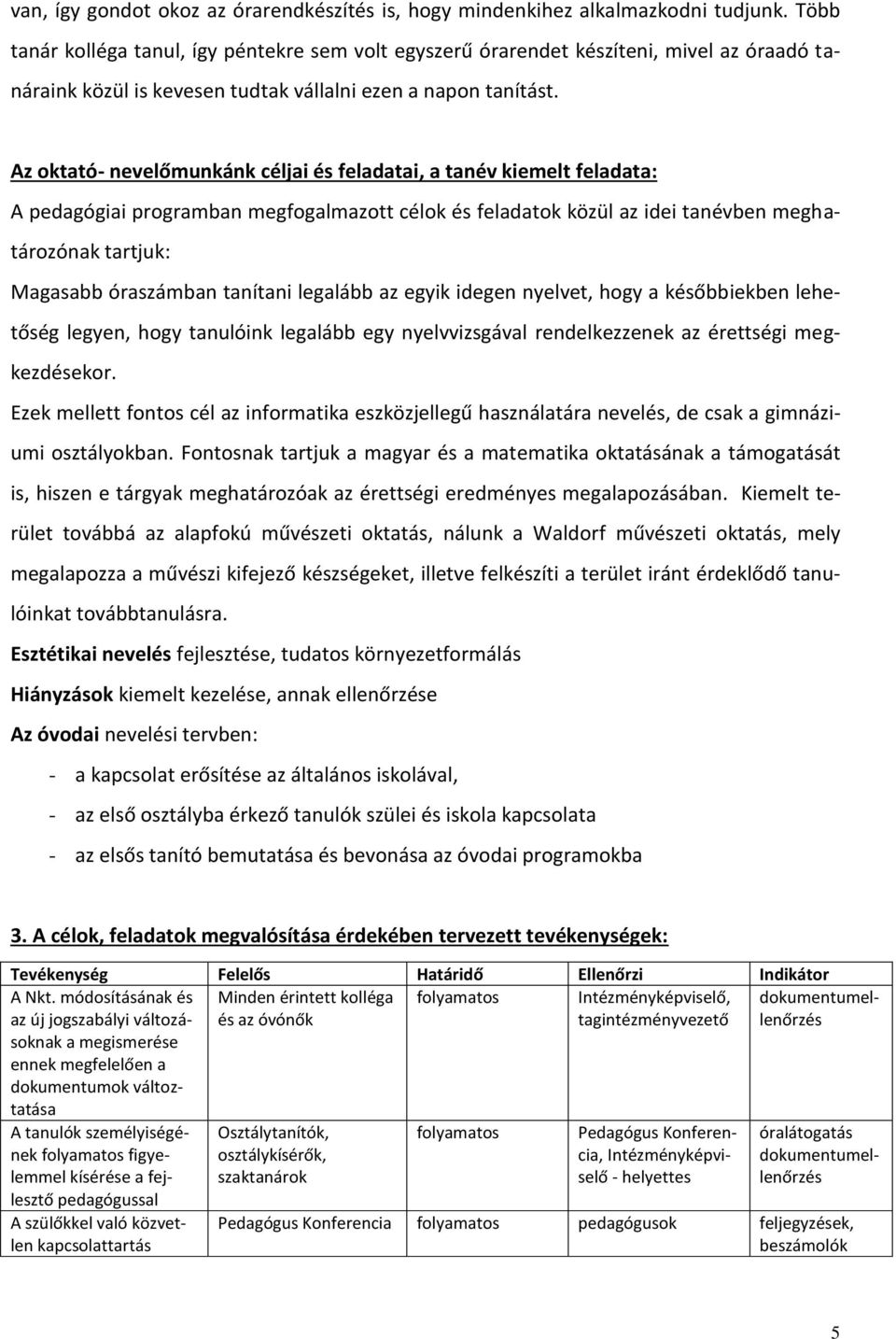 Az oktató- nevelőmunkánk céljai és feladatai, a tanév kiemelt feladata: A pedagógiai programban megfogalmazott célok és feladatok közül az idei tanévben meghatározónak tartjuk: Magasabb óraszámban