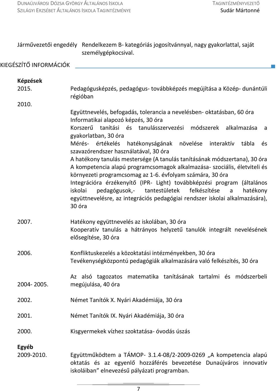 Pedagógusképzés, pedagógus- továbbképzés megújítása a Közép- dunántúli régióban Együttnevelés, befogadás, tolerancia a nevelésben- oktatásban, 60 óra Informatikai alapozó képzés, 30 óra Korszerű