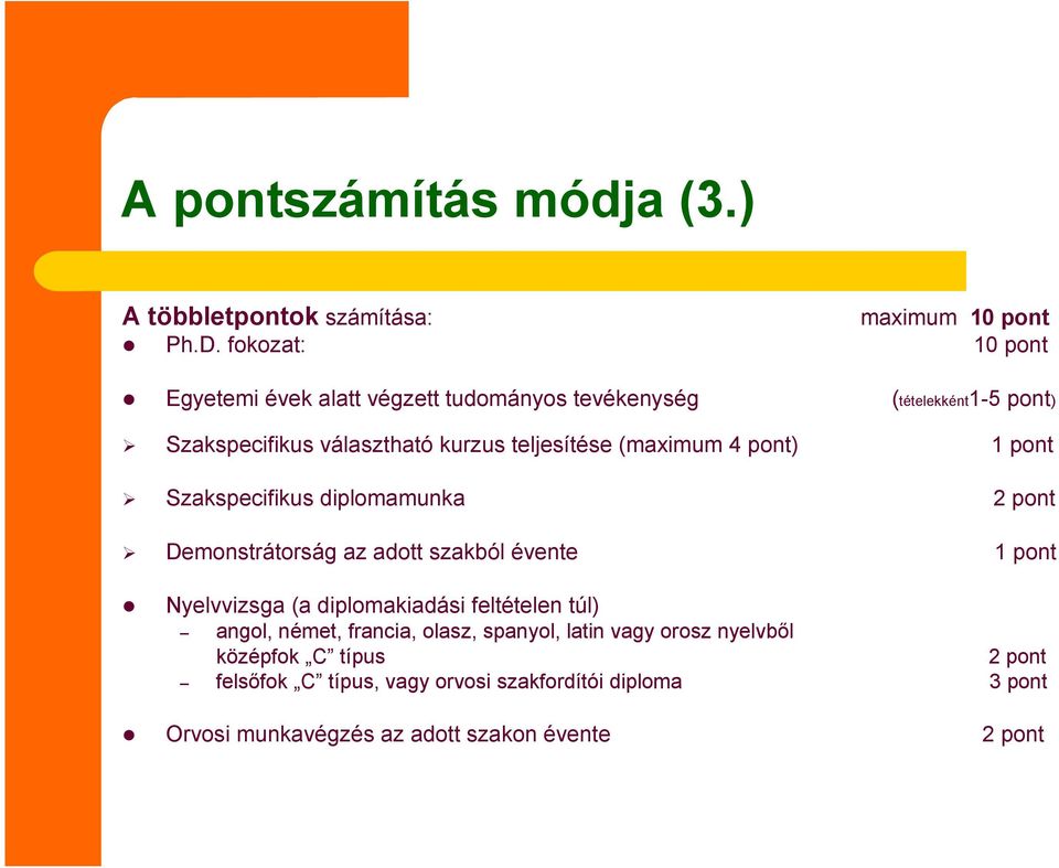 (maximum 4 pont) pont Szakspecifikus diplomamunka 2 pont Demonstrátorság az adott szakból évente pont Nyelvvizsga (a diplomakiadási