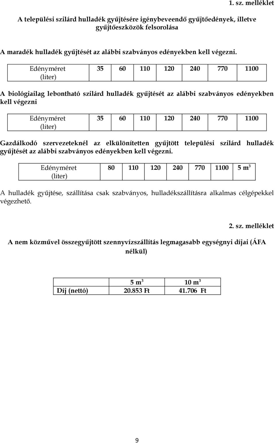 Gazdálkodó szervezeteknél az elkülönítetten gyűjtött települési szilárd hulladék gyűjtését az alábbi szabványos edényekben kell végezni.