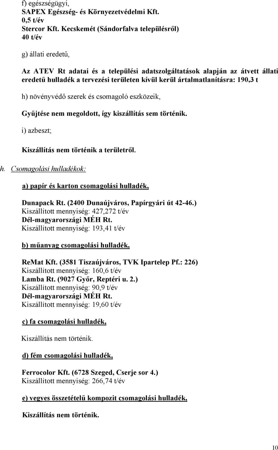 ártalmatlanításra: 190,3 t h) növényvédő szerek és csomagoló eszközeik, Gyűjtése nem megoldott, így kiszállítás sem történik. i) azbeszt; Kiszállítás nem történik a területről. h. Csomagolási hulladékok: a) papír és karton csomagolási hulladék, Dunapack Rt.