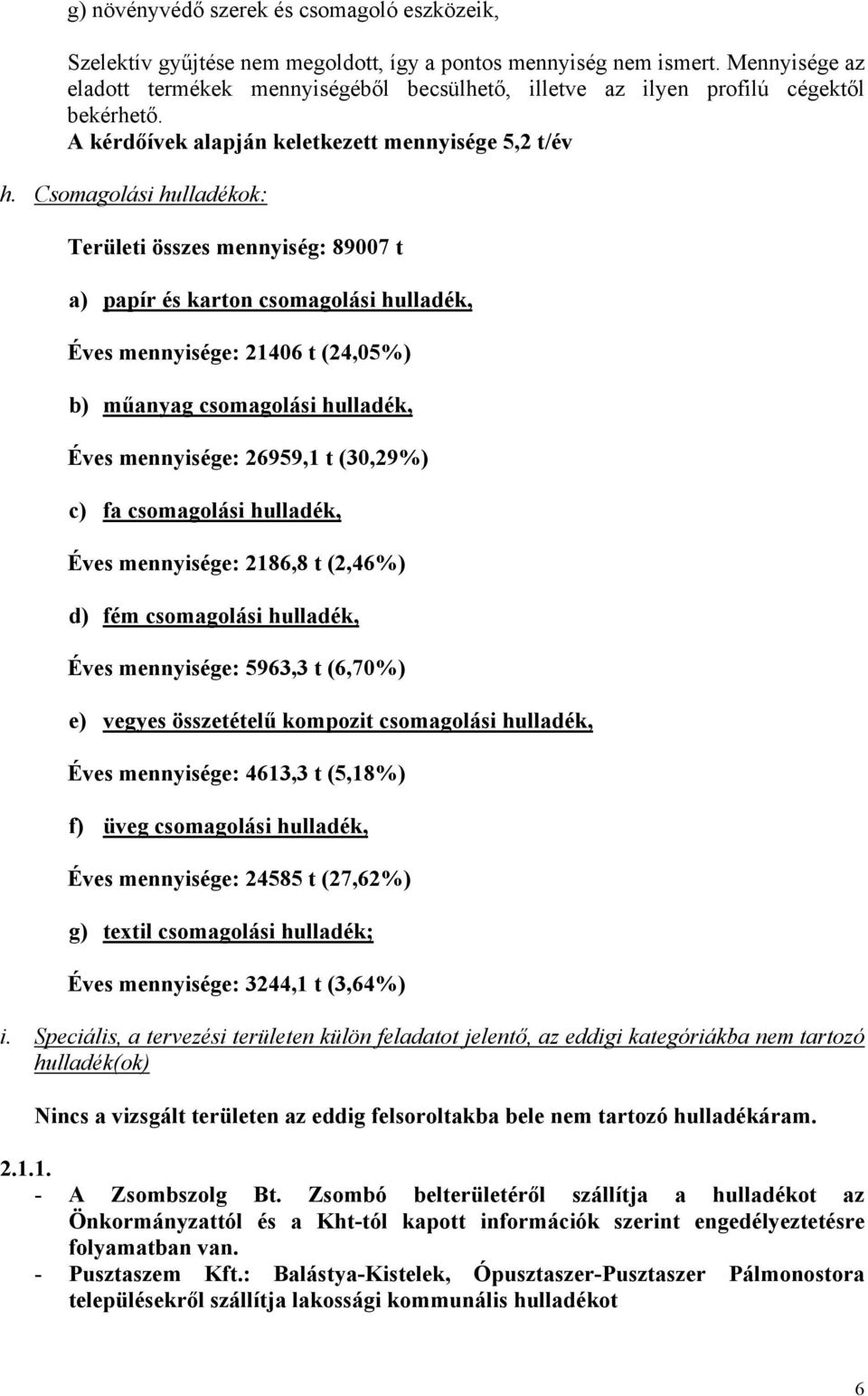 Csomagolási hulladékok: Területi összes mennyiség: 89007 t a) papír és karton csomagolási hulladék, Éves mennyisége: 21406 t (24,05%) b) műanyag csomagolási hulladék, Éves mennyisége: 26959,1 t