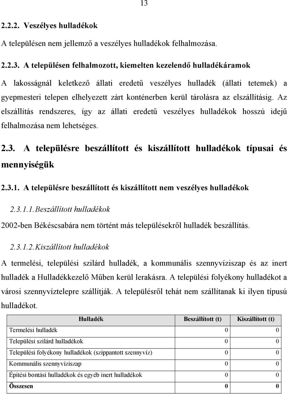 Az elszállítás rendszeres, így az állati eredetű veszélyes hulladékok hosszú idejű felhalmozása nem lehetséges. 2.3. A településre beszállított és kiszállított hulladékok típusai és mennyiségük 2.3.1.