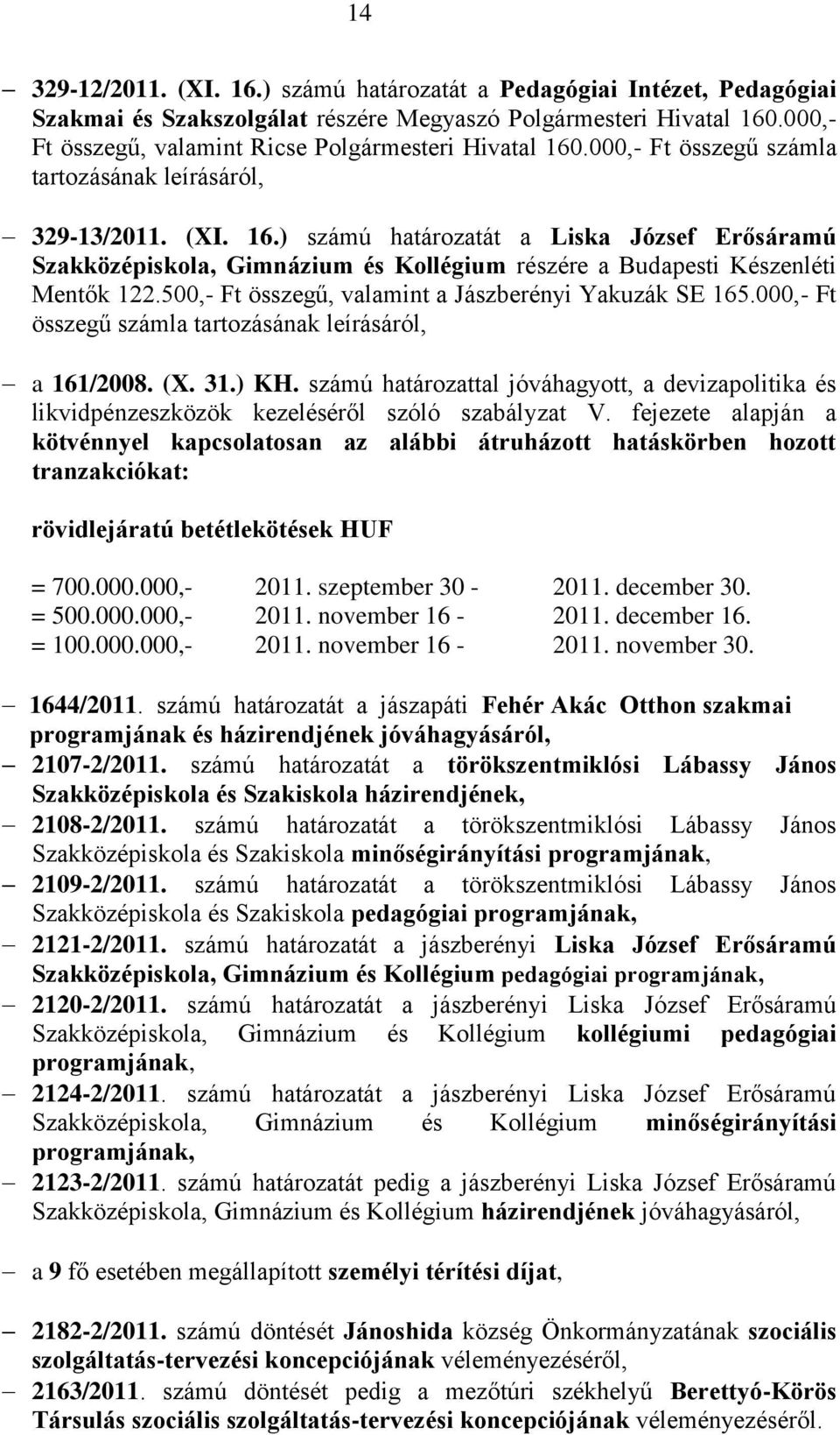 500,- Ft összegű, valamint a Jászberényi Yakuzák SE 165.000,- Ft összegű számla tartozásának leírásáról, a 161/2008. (X. 31.) KH.