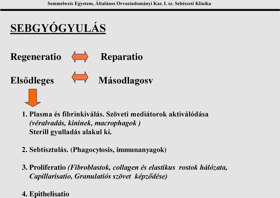 alakul ki. 2. Sebtisztulás. (Phagocytosis, immunanyagok) 3.