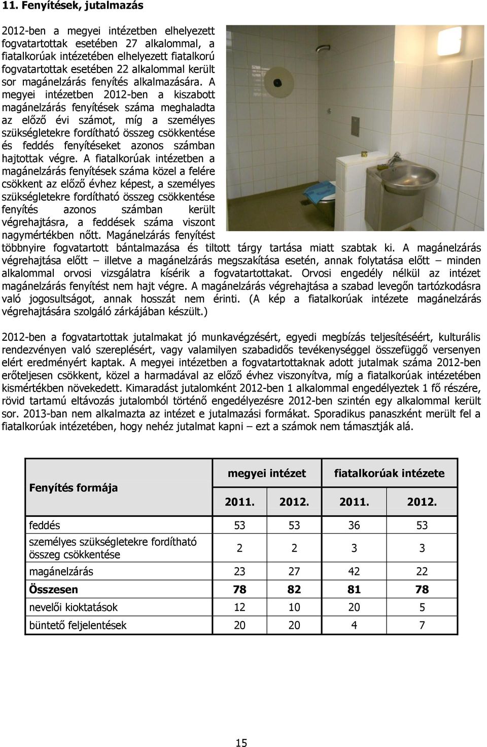 A megyei intézetben 2012-ben a kiszabott magánelzárás fenyítések száma meghaladta az előző évi számot, míg a személyes szükségletekre fordítható összeg csökkentése és feddés fenyítéseket azonos