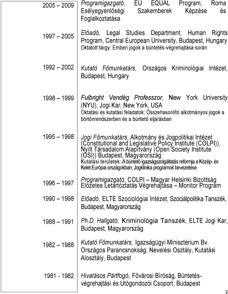 1990 1998 1988 1991 1982 1988 Fulbright Vendég Professzor, New York University (NYU), Jogi Kar, New York, USA Oktatási és kutatási feladatok: Összehasonlító alkotmányos jogok a börtönrendszerben és a