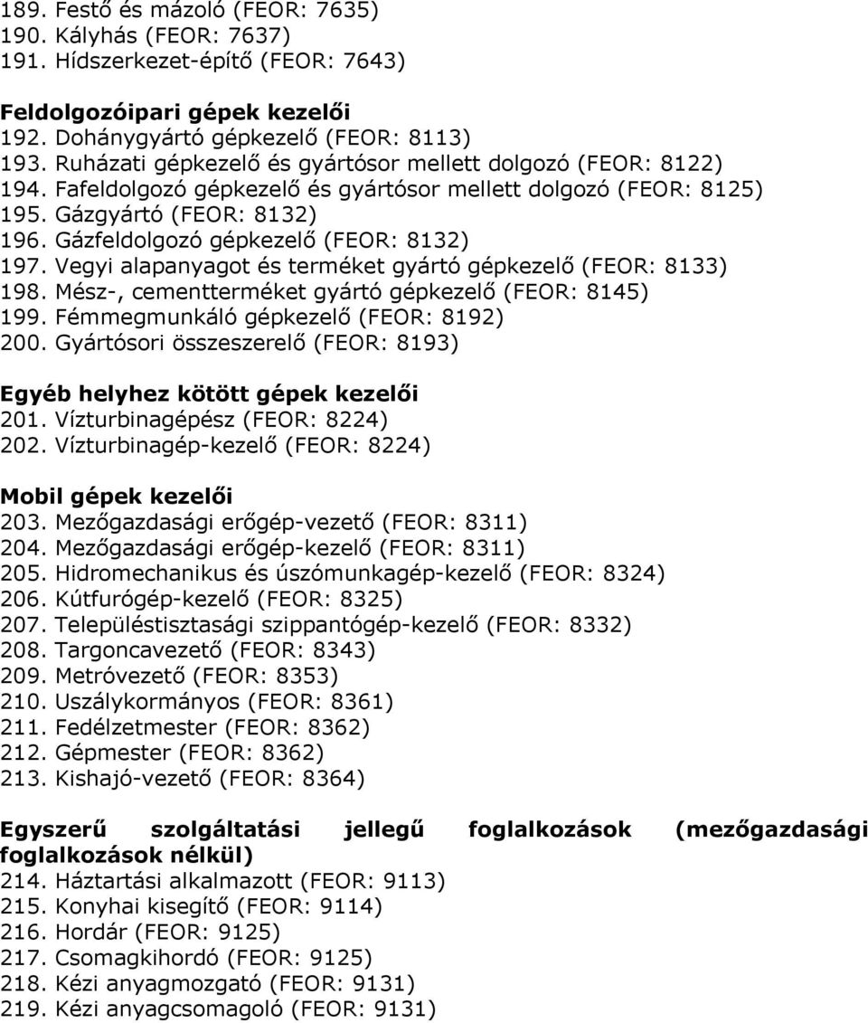 Gázfeldolgozó gépkezelő (FEOR: 8132) 197. Vegyi alapanyagot és terméket gyártó gépkezelő (FEOR: 8133) 198. Mész-, cementterméket gyártó gépkezelő (FEOR: 8145) 199.