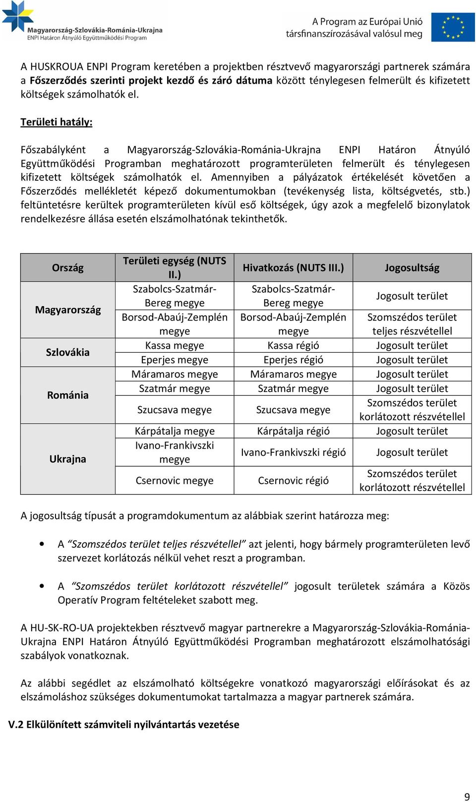 Területi hatály: Főszabályként a Magyarország-Szlovákia-Románia-Ukrajna ENPI Határon Átnyúló Együttműködési Programban meghatározott programterületen felmerült és ténylegesen kifizetett költségek 