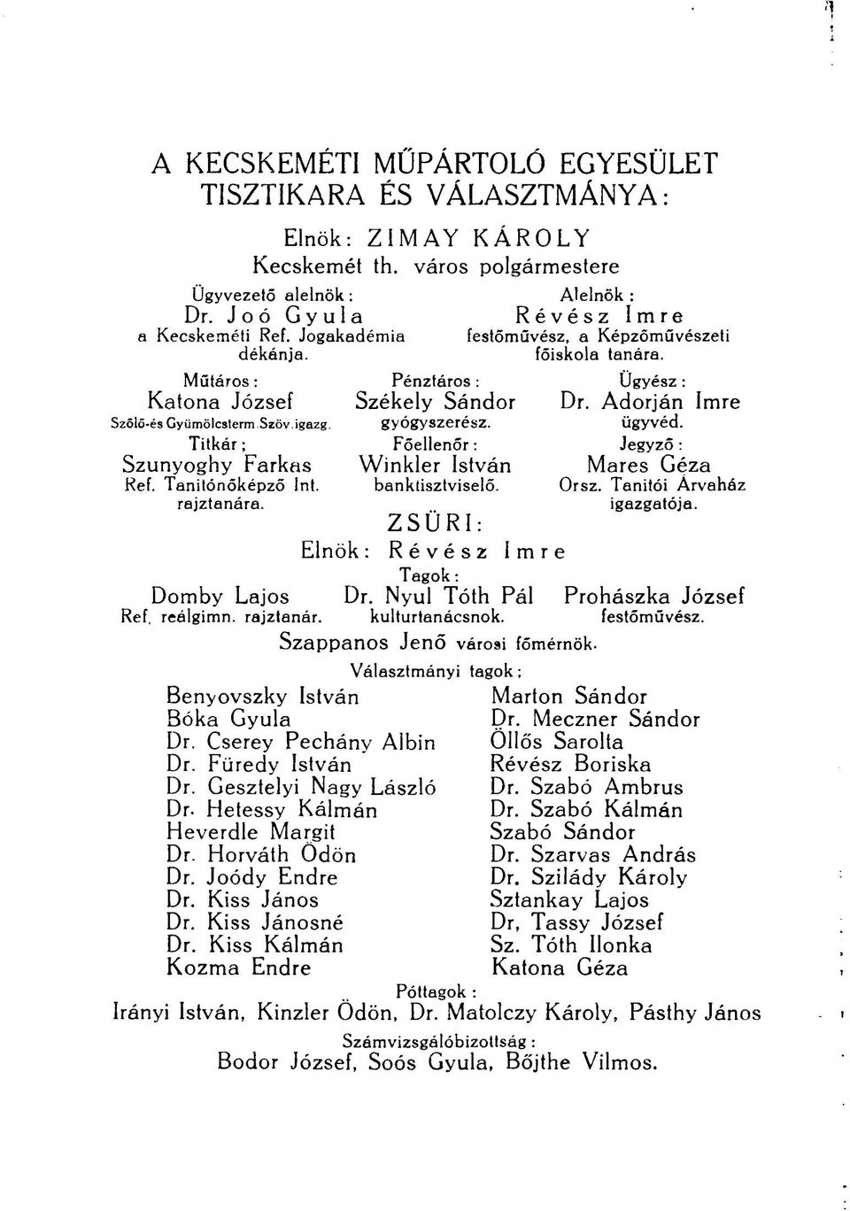 Főellenőr: Winkler István banktisztviselő. Alelnök : Révész Imre festőművész, a Képzőművészeti főiskola tanára. Ügyész: Dr. Adorján Imre ügyvéd. Jegyző : Mares Géza Orsz. Tanítói Árvaház igazgatója.