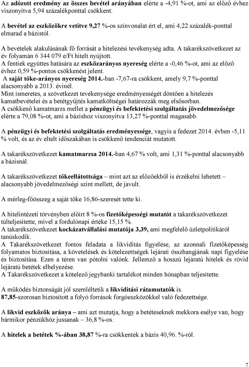 A takarékszövetkezet az év folyamán 6 344 079 e/ft hitelt nyújtott. A fentiek együttes hatására az eszközarányos nyereség elérte a -0,46 %-ot, ami az előző évhez 0,59 %-pontos csökkenést jelent.