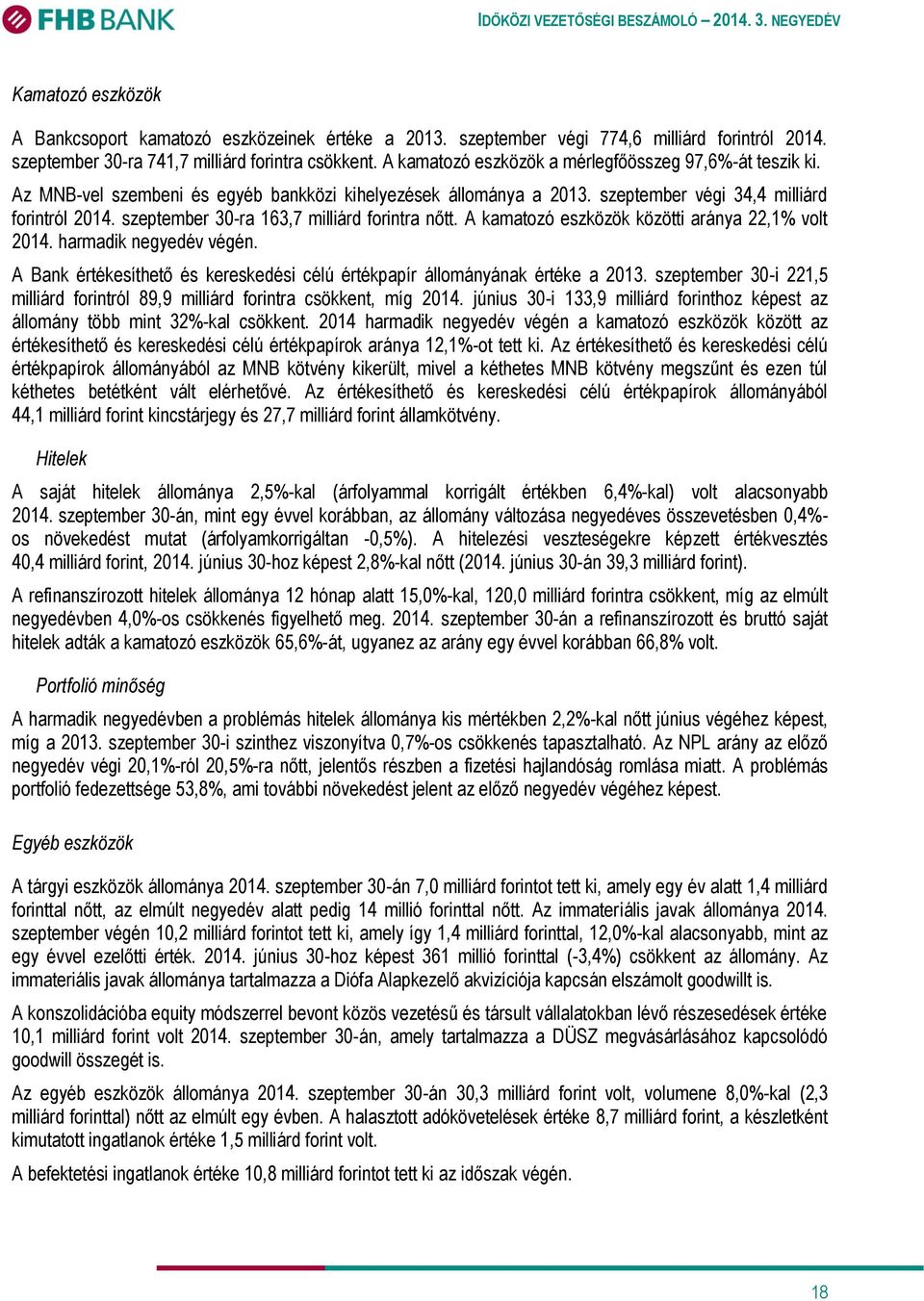 szeptember 30-ra 163,7 milliárd forintra nőtt. A kamatozó eszközök közötti aránya 22,1% volt 2014. harmadik negyedév végén.