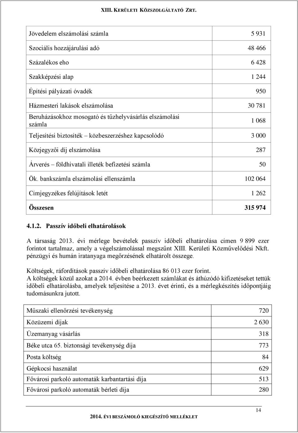 bankszámla elszámolási ellenszámla 102 064 Címjegyzékes felújítások letét 1 262 Összesen 315 974 4.1.2. Passzív időbeli elhatárolások A társaság 2013.