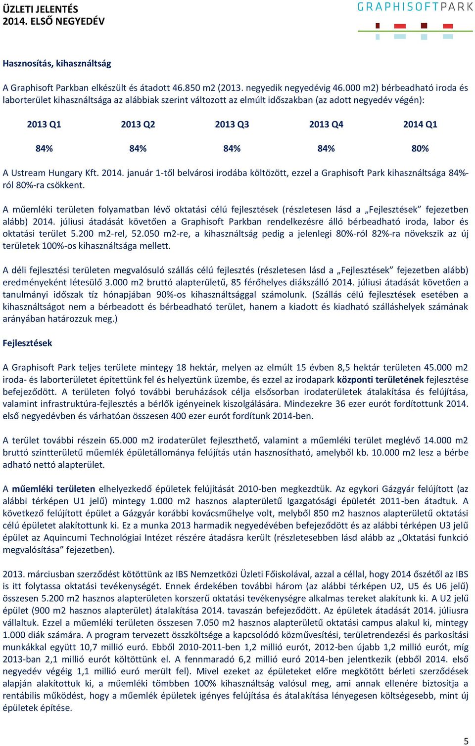 Ustream Hungary Kft. 2014. január 1-től belvárosi irodába költözött, ezzel a Graphisoft Park kihasználtsága 84%- ról 80%-ra csökkent.