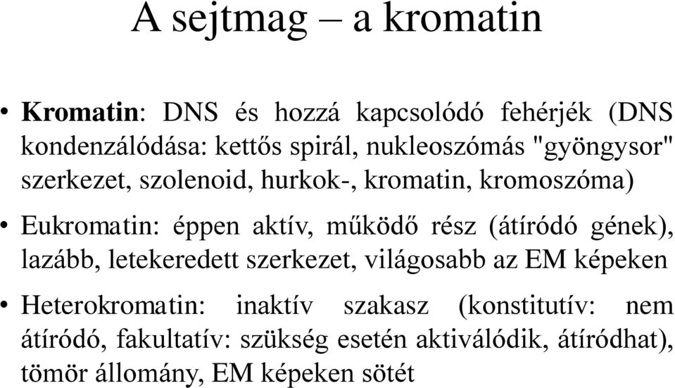 működő rész (átíródó gének), lazább, letekeredett szerkezet, világosabb az EM képeken Heterokromatin: